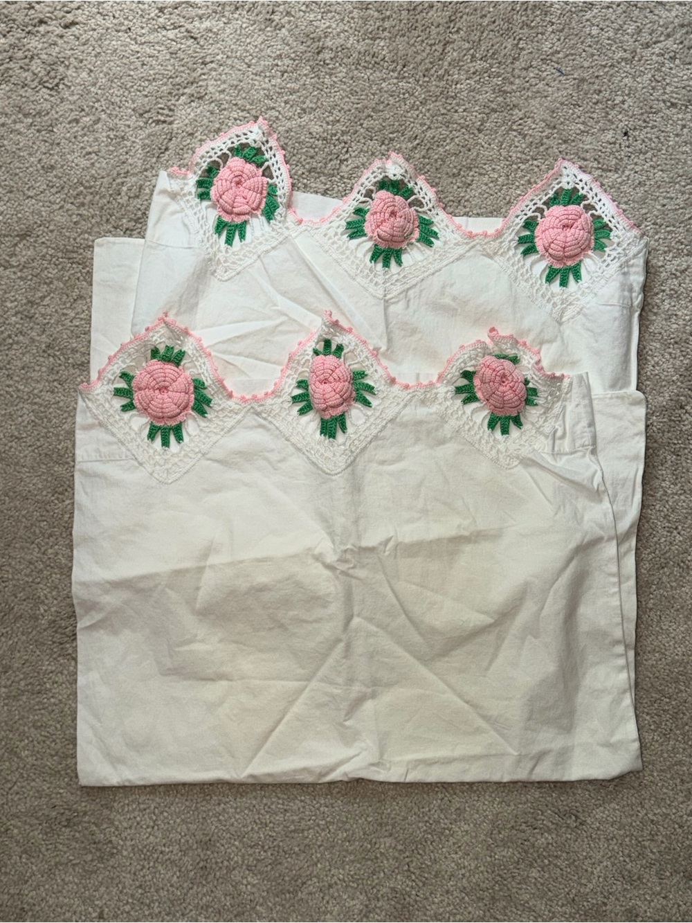 2 Vintage White Pillowcase with Pink Rose Crochet Trim